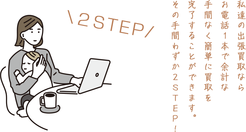 私達の出張買取なら お電話１本で余計な 手間なく簡単に買取を 完了することができます。 その手間わずか２ＳＴＥＰ！